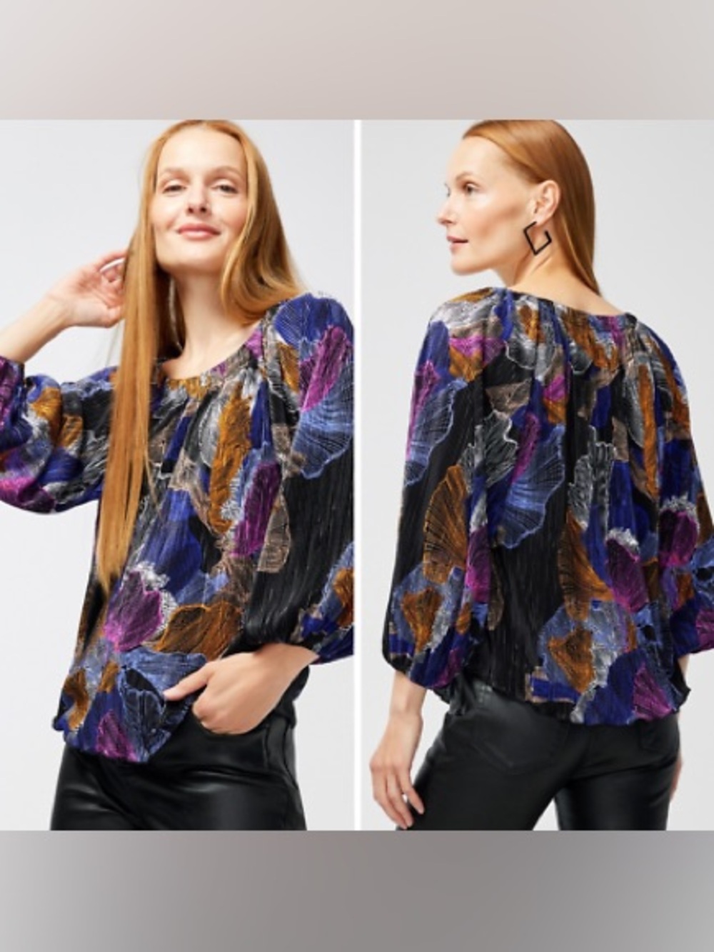 Chico's Pleated Blouse with Blue, Purple & Gold Accents